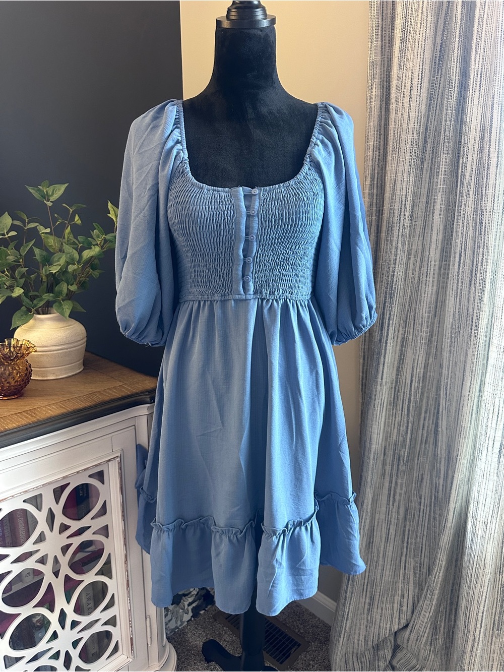 mittoshop Sky Blue Smocked Puff-Sleeve Mini Dress